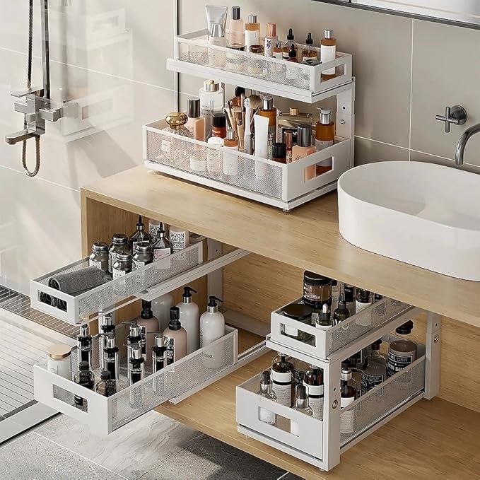 Corbyles 2 Pack 18.5IN-Depth Under Sink Organizer With Next-Gen Ball-Bearing Slides,2-Tier Pull Out Cabinet Storage,Height Adjustable Drawer Shelf for Bathroom,Kitchen,Laundry,Cabinet,Pantry-White