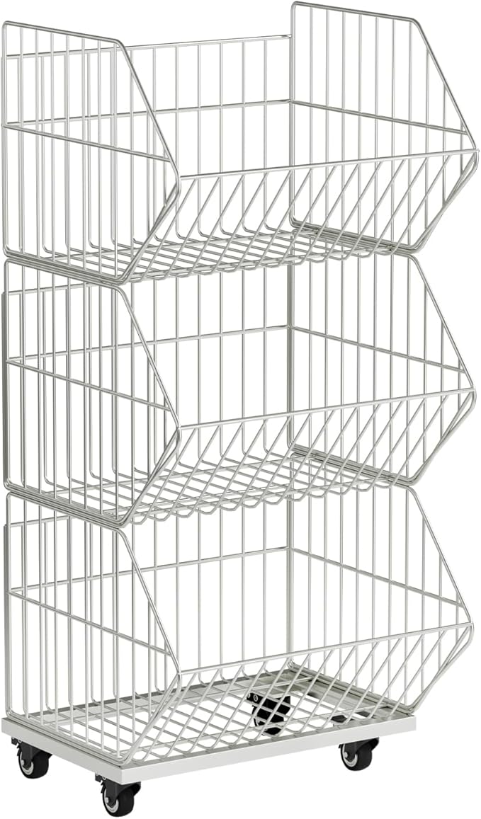 Standing Shelf Units, Wire Storage Basket with Wheels, Detachable and Foldable and Stackable to Save Space, Weight Capacity and Durable Racks/Organizer, for Kitchen Garage Closet (3 Tier)