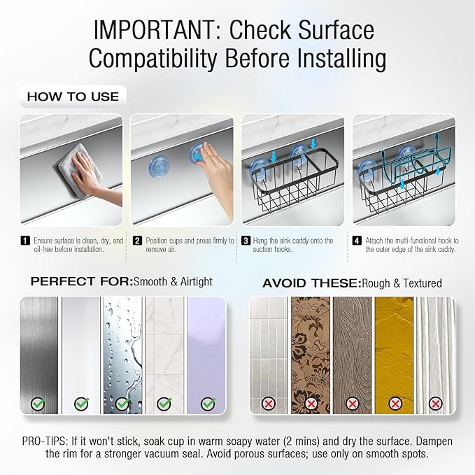 3-in-1 Kitchen Sink Caddy Organizer with Sponge Holder, Brush Holder, Extra Rack for Scrubber, Sink Stopper, Dish Cloth Hanger - Strong Dual Suction Cup, 2.0mm SUS304 Stainless Steel - Black