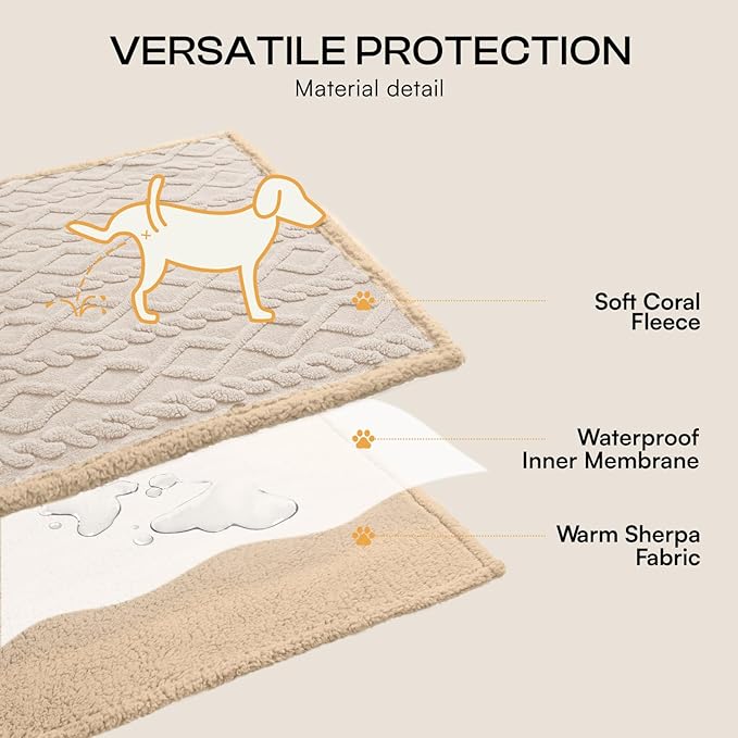 Luciphia Waterproof Pet Blanket, Liquid Pee Proof Dog Blankets for Sofa Bed Couch, Reversible Sherpa Fleece Furniture Protector Cover for Small Medium Large Dogs Cats,Beige-Thicken Large（65" x 57"）