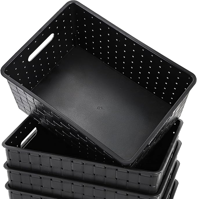Bekith 5 Pack Woven Plastic Storage Basket, Small Plastic Storage Bin, Rectangular Cabinet Organizer for Home & Office, 9.8" L x 7" W x 4.5" H