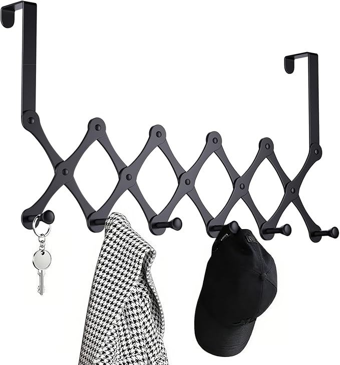 SCUNDA Expands Over The Door Hook Rack, Heavy Duty No Drill Hooks for Bathroom, Bedroom, Kitchen, Closet - Over The Door Hanger for Towels, Robes, Bags, Coats(Black)