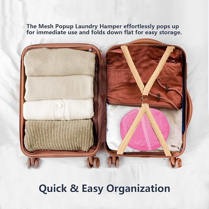 LXLOVESM Pop Up Laundry Hamper, Mesh Laundry Basket Collapsible, Foldable Hamper for Travel and Storage (Pink)