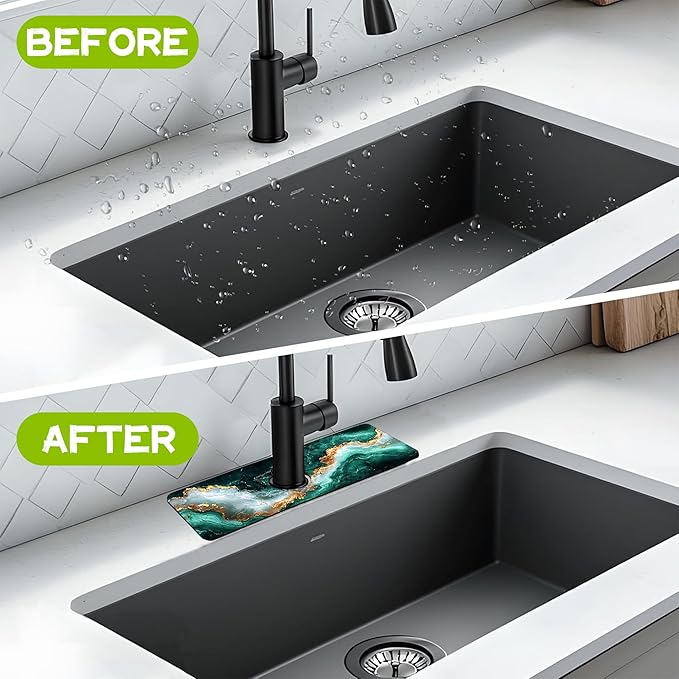Kitchen Sink Splash Guard Faucet Mat Super Absorbent Fast Drying Mat Guard Behind Faucet Drip Catcher for Kitchen Bathroom (Emerald and Gold Marble Texture, 23.5"X5.5")