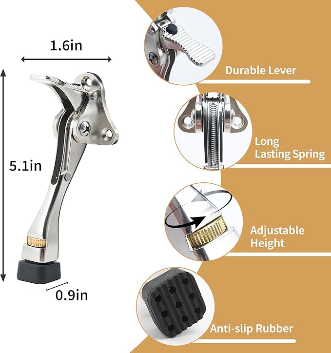 Kickdown Door Stopper, 6 Pack Heavy Duty 4 Inches Door Stoppers for Bottom of Door, One Touch Door Holder with Durable Lever, Anti-Slip Rubber, and Adjustable Height, Suitable for All Floor Types