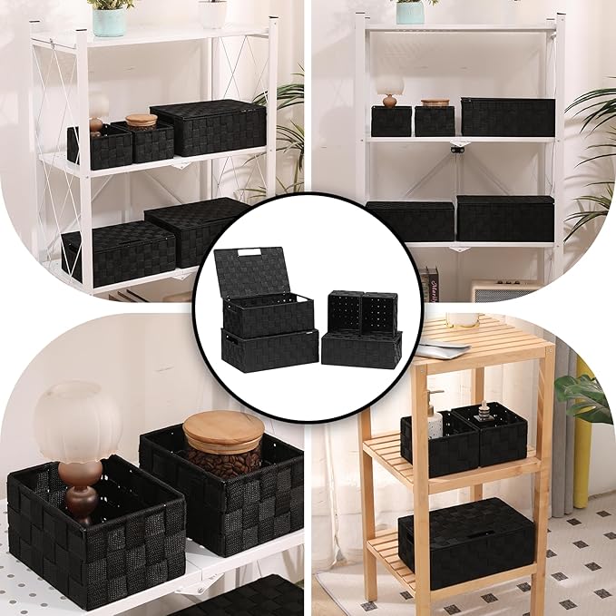 Storage Bins Woven Organizer with Lids Set of 5 – Polypropylene Storage Baskets with Metal Frame, Stackable Fabric Boxes for Drawers, Closet, Shelf, Nursery and Office, Black