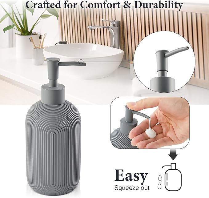 Bathroom Accessories Set - 7-Piece Resin Bathroom Set, Toothbrush Holders Set, Soap Dispenser, Qtip Holder Dispenser, Tumbler, Soap Dish & Tray, Modern Bath Decor for Home Dorm Hotel (Grey)