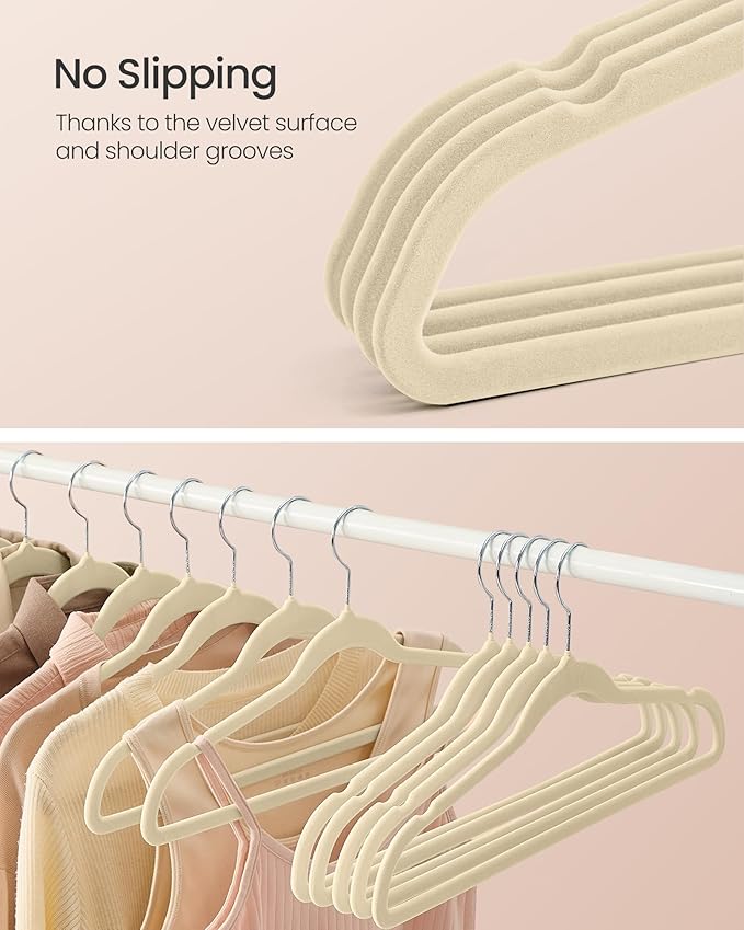 SONGMICS Velvet Hangers 100 Pack, Non-Slip Clothes Hangers with Silver-Colored Swivel Hooks, Slim Space-Saving for Closet, Heavy-Duty, Summer Sand UCRF026LF02S