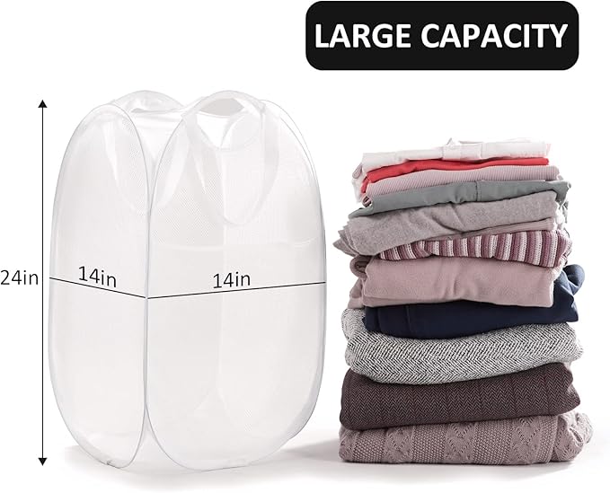 TECHMILLY Collapsible Mesh Pop Up Laundry Hamper with Sturdy Handles and Side Pocket - Portable Foldable Clothes Baskets for Dorm, Bathroom & Travel Storage (White, 3 Packs)