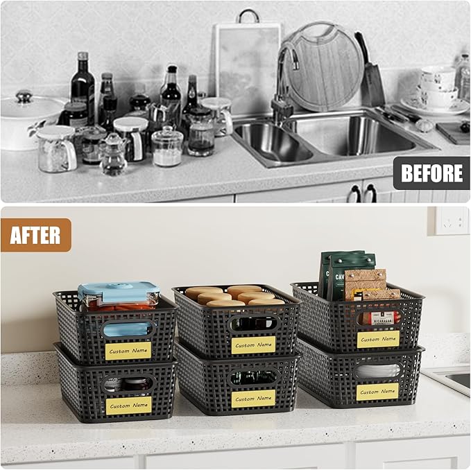 8 PCS Plastic Storage Baskets with Lids, Stackable Storage Bins with Lids & Labels for Organizing, Small Storage Bins for shelves, Office, Drawer, Cabinet & Pantry,Nursery Organization,10.2*7.2*4.1In