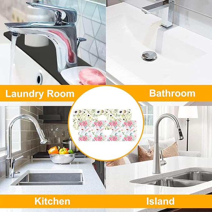 2 Pack Watercolor Floral Sink Faucet Absorbing Mat White Pink Flowers Super Absorbent Fast Drying Mat Sink Gadgets Behind Faucet Sinkmat for Kitchen Bathroom, 15.5"x5.5"