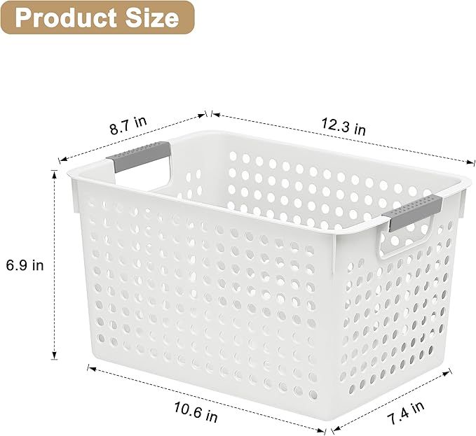 Soddeph 4 Pack Plastic Deep Storage Basket with Handles, Cubbies Organizer Bins with Hollow Design for Under Counter, Closet, Kitchen or Bathroom 12.3" × 8.7" × 6.9"(White, Medium)