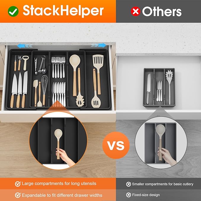 Large Silverware Organizer, Expandable Utensil Drawer Organizer for Kitchen Drawers, Kitchen Drawer Organizer for Spoons/Forks/Knives, Multipurpose & BPA Free Cutlery Tray, Black, 1 Pack