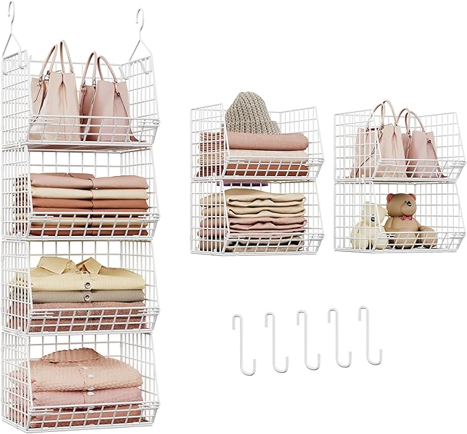 X-cosrack 4 Tier Closet Hanging Organizer, Foldable Closet Shelving with 2 Hanging Hooks 5 S Hooks, Wire Storage Basket for Wardrobe Laundry Room, for Clothing Sweaters Shoes Handbags Patent-White