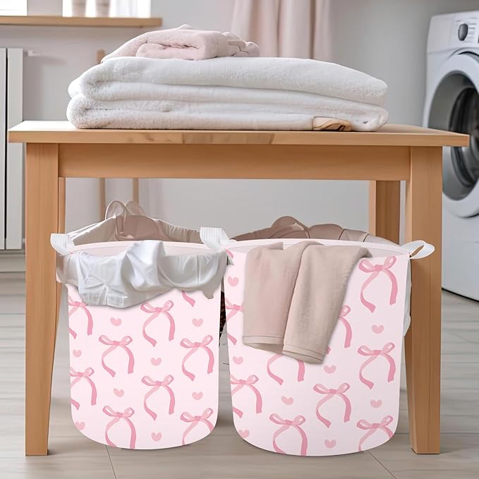 Laundry Basket Coquette Pink Bow Laundry Hamper Foldable Fabric Storage Bin with Handles Clothes Storage Bucket for Bathroom Girl Bedroom Dorm Toy Organizer