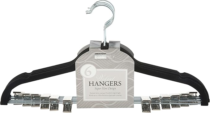 Simplify 24 Pack Velvet Hangers with Clips | Skirt and Pants | Slim Space Saving | Closet Organization | Non-Slip | Prevent Creases | Swivel Neck | Durable | Black