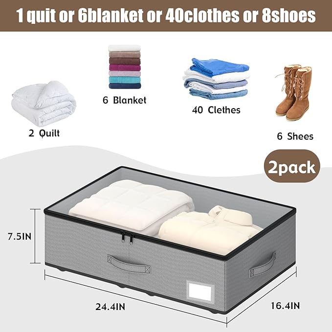 EE-RoomWorld Under Bed Storage with Wheels, No Assemble Required 7.5 inches height Under Bed Storage bins,Large capacity Rolling Underbed Shoe Storage containers，dorm underbed storage drawers