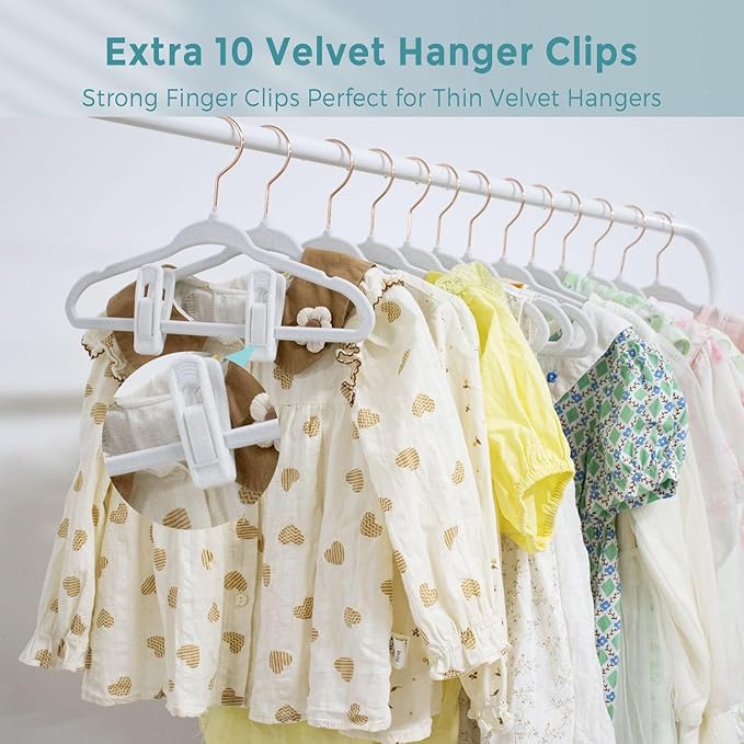 14 Inch Velvet Kids Hangers -50 Pack Durable & Non-Slip Closet Organizers for Big Kids & School-Age Children, 0.2" Ultra Slim Space-Saving Design with 10 Hanger Clips - White