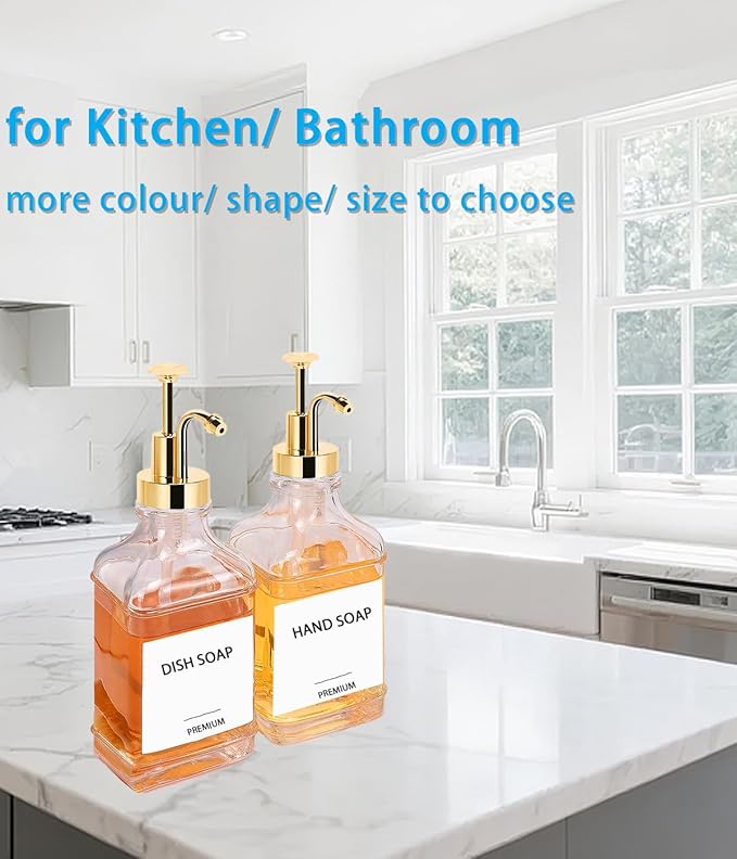 Dish Soap Dispenser for Kitchen, Hand Glass Soap Dispenser Set with Pump, Funnel for Bathroom, Shower, Laundry, Liquid, Lotion (Gold 2 Pack 18 Oz Clear Bottles with 12 Stickers)