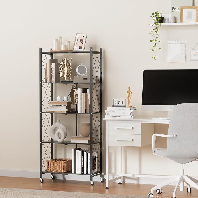 ALANNG 5 Tier Storage Shelves on Wheels, No Assembly Metal Folding Shelf Heavy Duty, Black | Colorful | Rolling | Collapsible | Rack Unit | for Living Room Office | 13.4" D x 28" W x 64.6" H