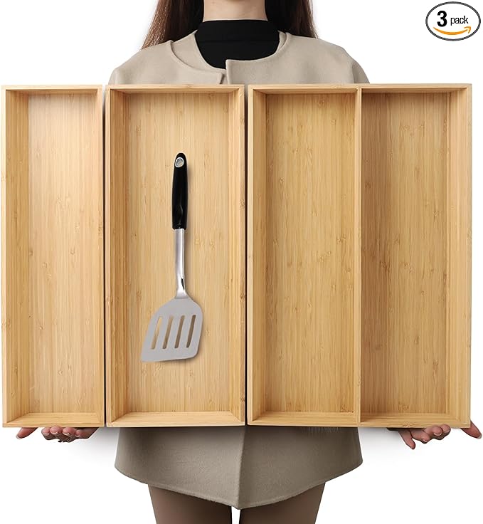V-Shaped 3-Pack 19.6" Long Bamboo Drawer Organizer Box - Easy Reach Cutlery Tray for Flatware Silverware Utensil, Kitchen & Home Use (19.6"x5.7"/19.6"x7.8"/19.6"x12.4")