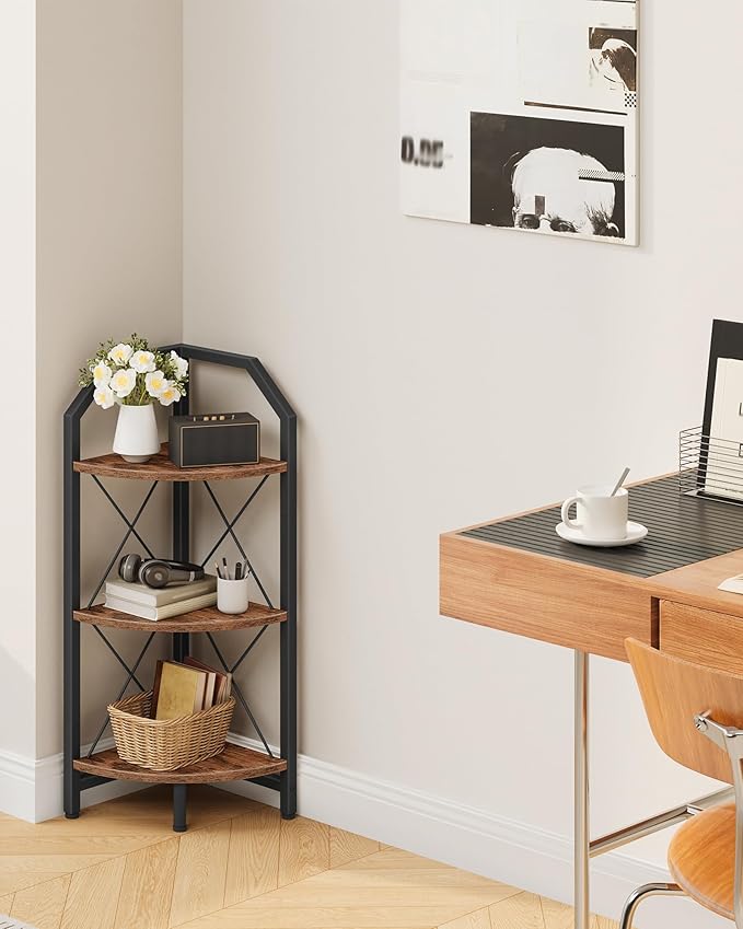 3-Tier Corner Shelf, Industrial Corner Bookshelf, 35.4" Storage Stand, Plant Stand Display Shelf, Bookcase for Bedroom, Living Room, Home Office, Rustic Brown and Black TCJ03BF