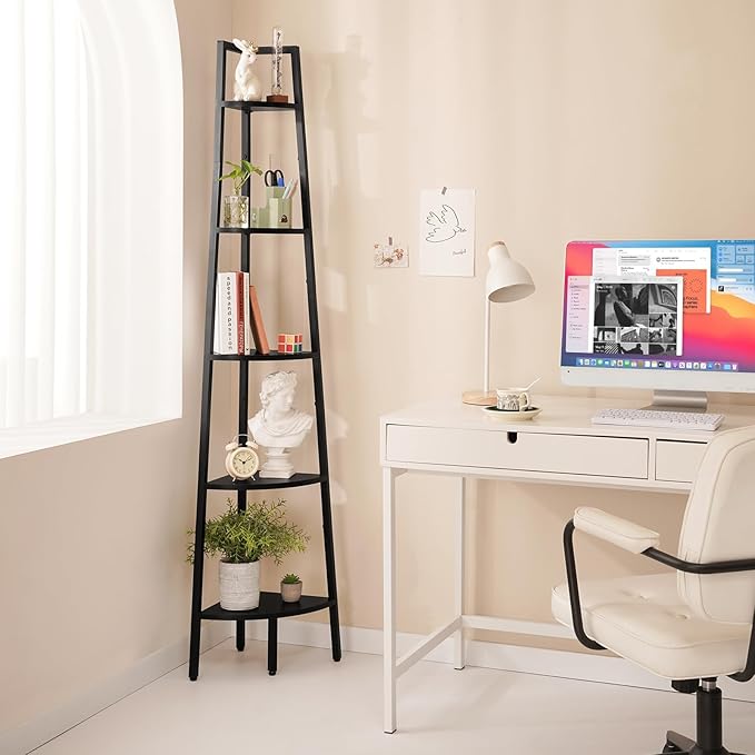 Yoobure Corner Shelf, 5-Tier Corner Bookshelf with Metal Frame & Wood Ladder Shelves - Display Shelf & Tall Bookcase, Plant Stand for Home Decor - Bedroom, Living Room, Office