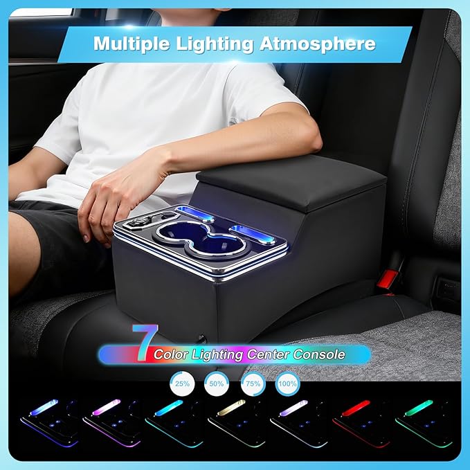 Center Console Armrest Organizer with Upgraded 7-Color Mood Lighting Center Console for Truck & Minivan & Car & SUV Cab Front Seat Bench Seat Storage Box (Update)