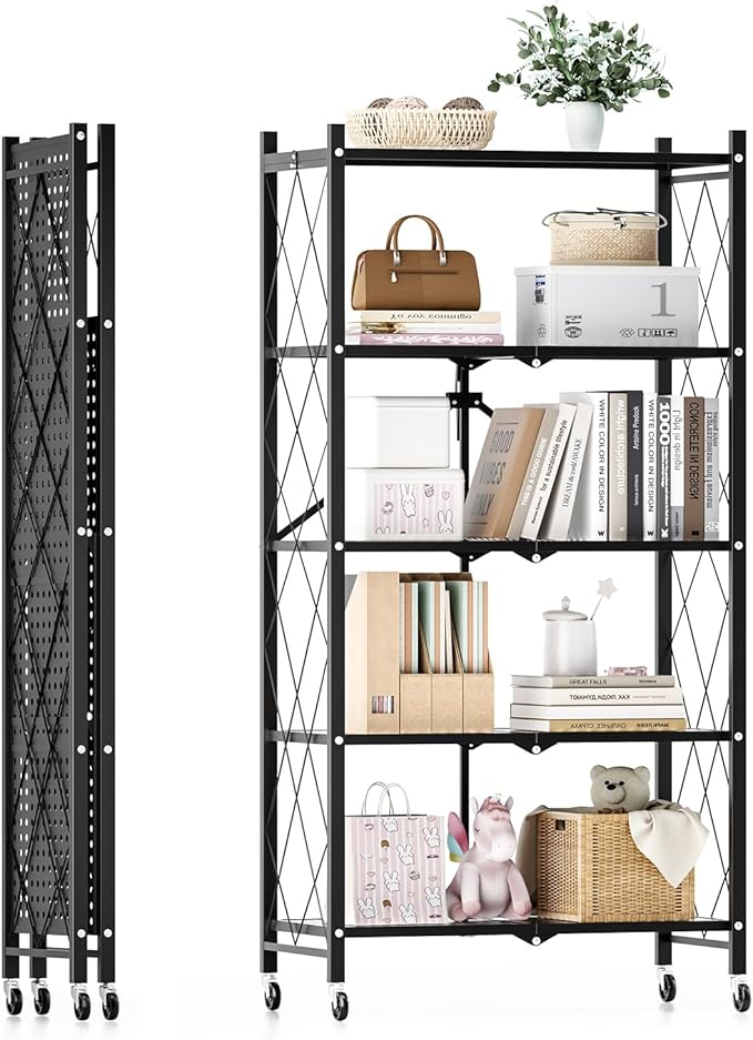 Simple Deluxe 5-Tier Folding Storage Shelves, 27.95" W x 14.96" D x 63.78" H Foldable Shelving Unit, 1250 Lbs Loading Capacity, Black