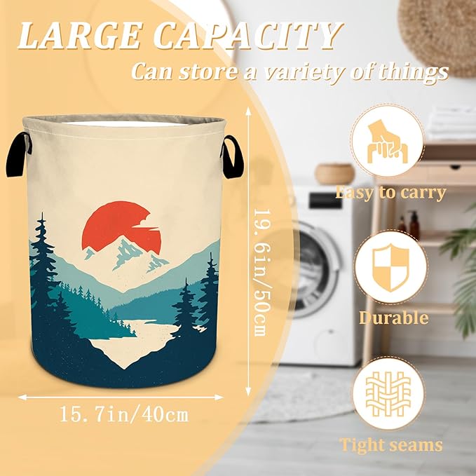Mountains Sunset Laundry Basket, Nature Scenery Forest Laundry Hamper Foldable Waterproof Tote Bag Dirty Clothes Storage Bucket Toy Organizer for Bathroom/Laundry/Bedroom 15.7"x19.6"
