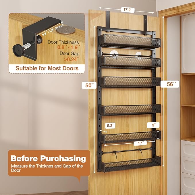 Pantry Door Organizers and Storage,6-Tier Large Wide Metal Heavy-Duty Frame Over the Door Spice Rack, 2 in 1 Wall-Mounted or Hanging shelf for Kitchen, Bathroom, Laundry Room, Bedroom, Closet &Nursery