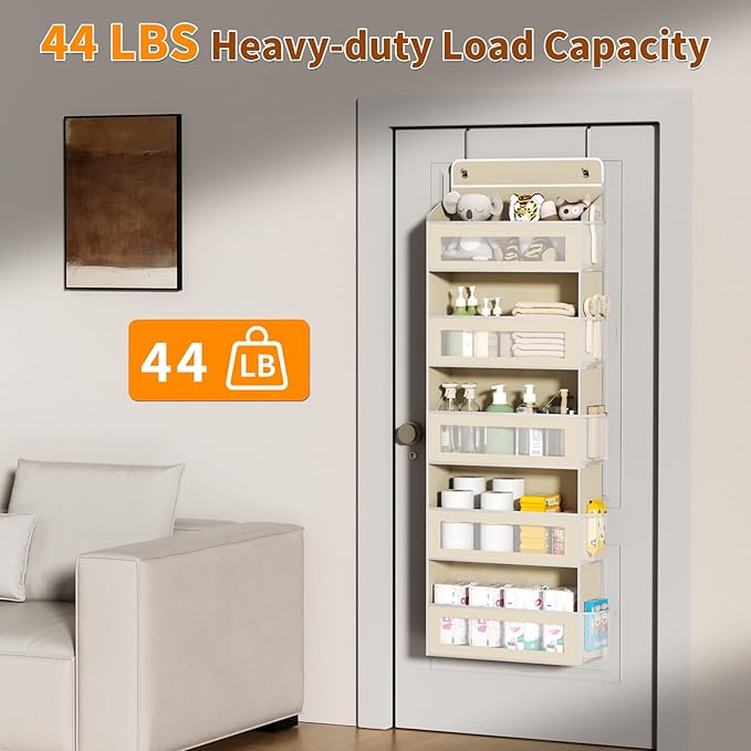 Over The Door Organizer with 5 Large Pockets, Over the Door Storage 10 Side Pocket 44 lb Load Behind Door Storage, Closet Door Organizer Hanging Shelf for Wall Bathroom Bedroom Nursery, 5-Tier Beige