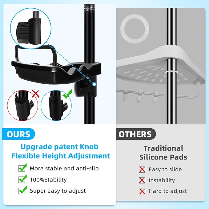 32-122inch Corner Shower Caddy Tension Pole Black, Rustproof Drill-Free Shower Shelves for Bathroom Bathtub Washbasin, Adjustable Shower Organizer with 4 Tier Patent Stable Shelves & Towel Bars