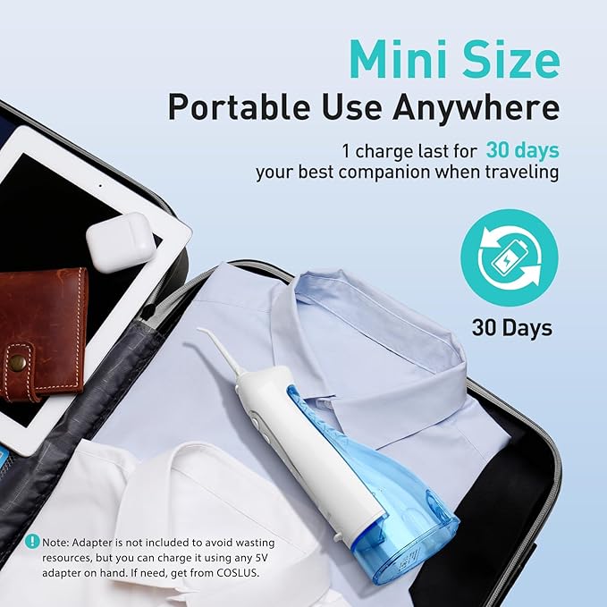 COSLUS Water Dental Flosser Teeth Pick C20(F5020E): Portable Cordless Oral Irrigator 300ML Rechargeable Travel Irrigation Cleaner IPX7 Waterproof Electric Flossing Machine for Teeth Cleaning, White