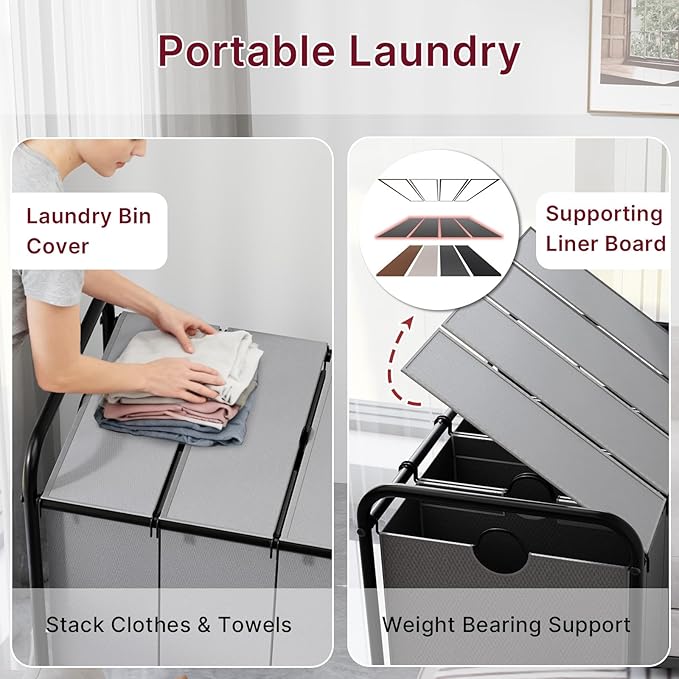 4-Compartment Laundry Cart with Lockable Wheels & Lid 180L Large Wheeled Laundry Basket Heavy-Duty Sorting Organizer for Laundry Room (Grey)