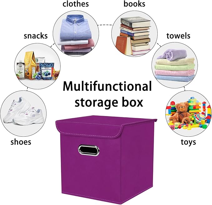 Closet Organizers Fabric Storage Bins With Lids Collapsible Cube Storage Organizer Basket With Handles,Storage Boxes for Clothes Storage,Office,Laundry,Shelves,6 Pack,（Purple）