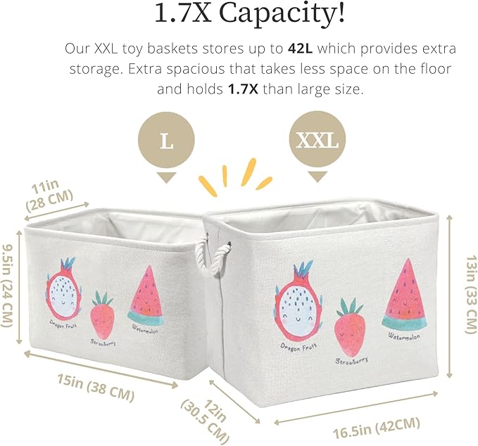 DECOMOMO Toy Storage Baskets for Shelves - 40L Kids Storage Bin for Nursery Décor, Baby, Laundry, Toys (Fruit Print, XXL - 3 Pack)