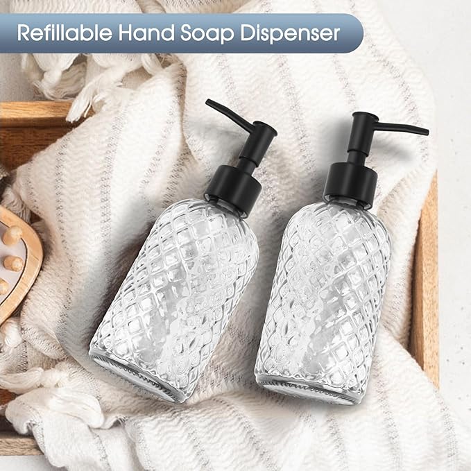 2 Pack Gem Glass Soap Dispenser with Black Plastic Pump, 13oz Liquid Hand Soap Dispenser, Rustproof Pump for Kitchen & Bathroom, Great for Lotions, Essential Oil, Liquid Soaps-Clear