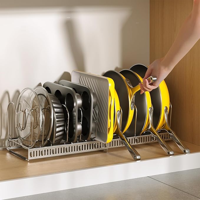 ORDORA Pots and Pans Organizer under Cabinet with Pan Holder: Expandable 11.8"-22.8" Kitchen Cabinet Organizer Rack, 12 Adjustable Dividers Storage for Cookie Sheets, Cutting Boards & Lid, Silver