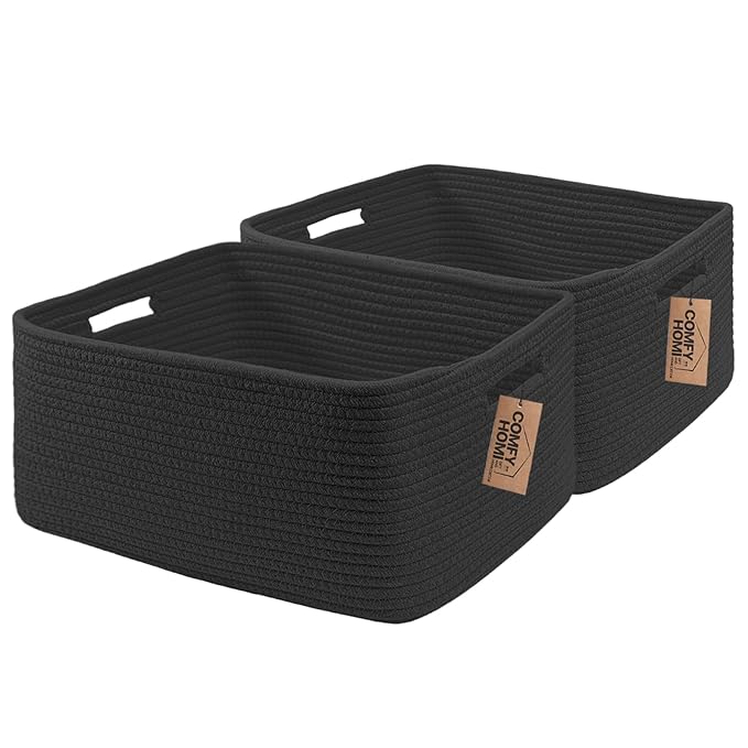 COMFY-HOMI 2 pcs Large Storage Baskets for Shelves, Laundry Basket, Woven Rope Basket, Closet Organizer Bins for Clothes Blanket Towels, Baby Nursery, Gift Toy Baskets, 17” x 13” x 7.5”-Black