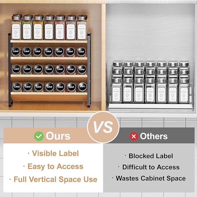 MUDEELA 4 Tier Spice Rack Organizer for Cabinet, Wooden Vertical Spice Shelf, Seasoning Organizer for Countertop, Kitchen, Pantry, Freestanding, 13.4" W × 11.2" H (No Jars Included), Black