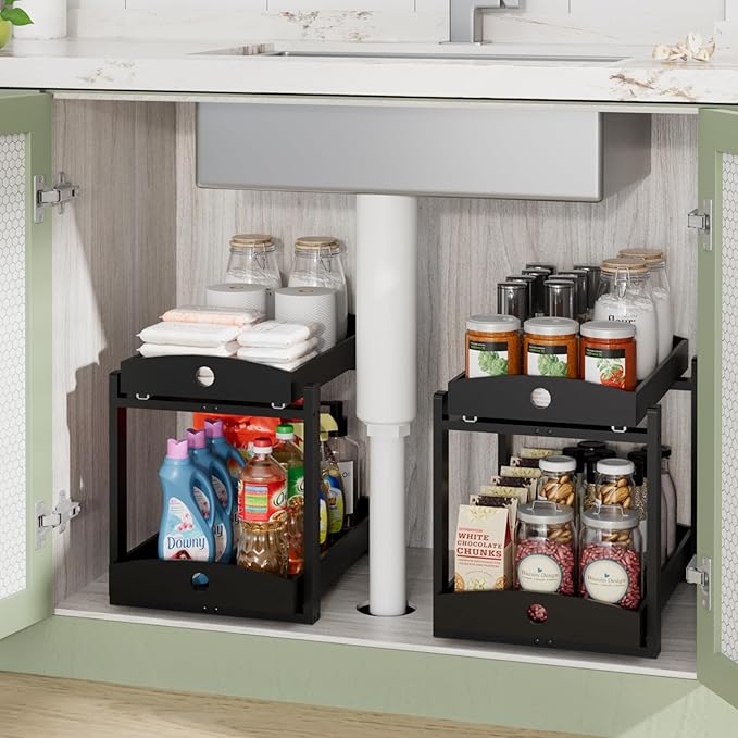 2 Pack Under Sink Organizer, Bamboo Wooden 2-Tier Pull-Out Storage with Sliding Drawers for Kitchen and Bathroom Cabinets, Easy Installation (Black)