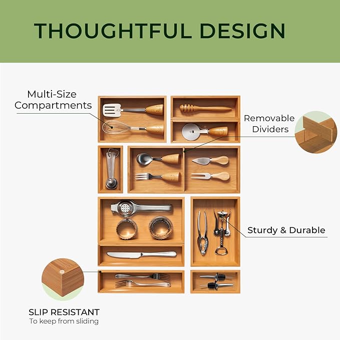 10-Piece Bamboo Drawer Organizer Set, 2.2" Deep Multi-Use Organizers for Utensils, Silverware, Cutlery, Desk, Bathroom, Junk Drawer & Makeup, Non-Slip Feet Included.