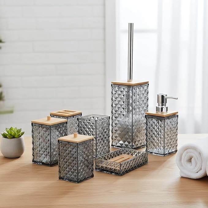 Bathroom Accessory Set,7 Pcs Gray Bathroom Set Include Soap Dispenser, Qtip Holder Dispenser, Soap Dish,Toilet Brush,Toothbrush Holder & Mouthwash Cup.Boho Bathroom Set