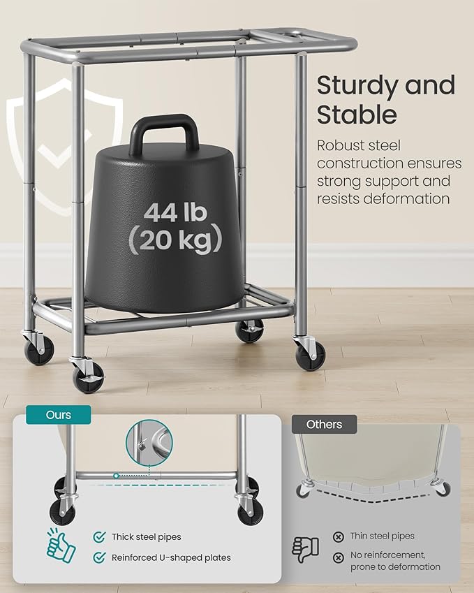 SONGMICS Laundry Basket with Wheels, 2-Section Rolling Laundry Hamper, 37 Gallons (140 L), Removable Liner, Steel Frame with Handle, 27.2 x 15.4 x 31.9 Inches, Coffee Brown and Cream White URLS004KQ02