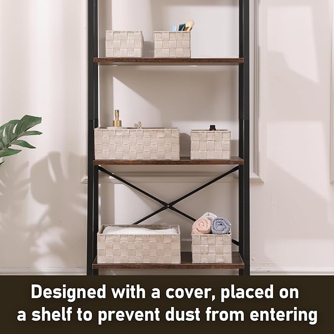 Storage Bins Woven Organizer Set of 6 – Polypropylene Storage Baskets with Metal Frame, Stackable Fabric Boxes for Drawers, Closet, Shelf, Nursery and Office, Beige