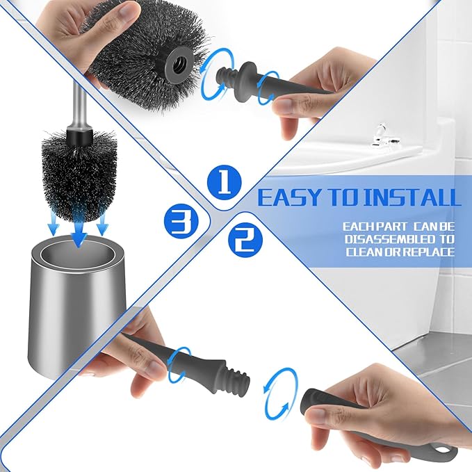 Toilet Brush and Holder 4 Pack with Long Handle - Non-Slip Grip Toilet Bowl Brush Set for Deep Cleaning Bathroom, Toilet Scrubber- Gray