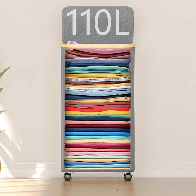 SUOCO Laundry Hamper on Wheels 100L, Clothes Basket with Lid and Bamboo Handles, Foldable Laundry Hamper for Bedroom, Bathroom, Dorm, Laundry Room - Grey