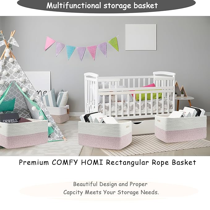 COMFY-HOMI 2 pcs Large Storage Baskets for Shelves, Laundry Basket, Woven Rope Basket, Closet Organizer Bins for Clothes Blanket Towels, Baby Nursery, Gift Toy Baskets, 17” x 13” x 7.5”-White/Pink