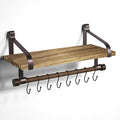 Love-KANKEI Floating Shelf Wall Shelf for Storage Rustic Wood Kitchen Spice Rack with Towel Bar and 8 Removable Hooks for Organize Cooking Utensils or Mugs Carbonized Black/Brown Brackets
